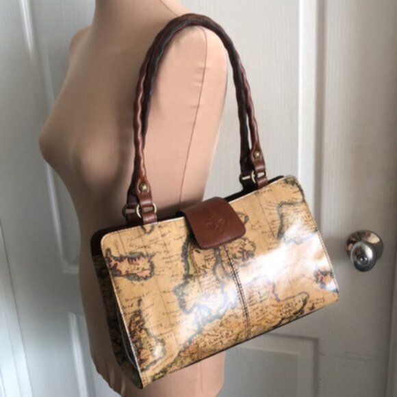 Patricia Nash Rienzo Leather European Map Shoulder Handbag Satchel Tan - Picture 6 of 16